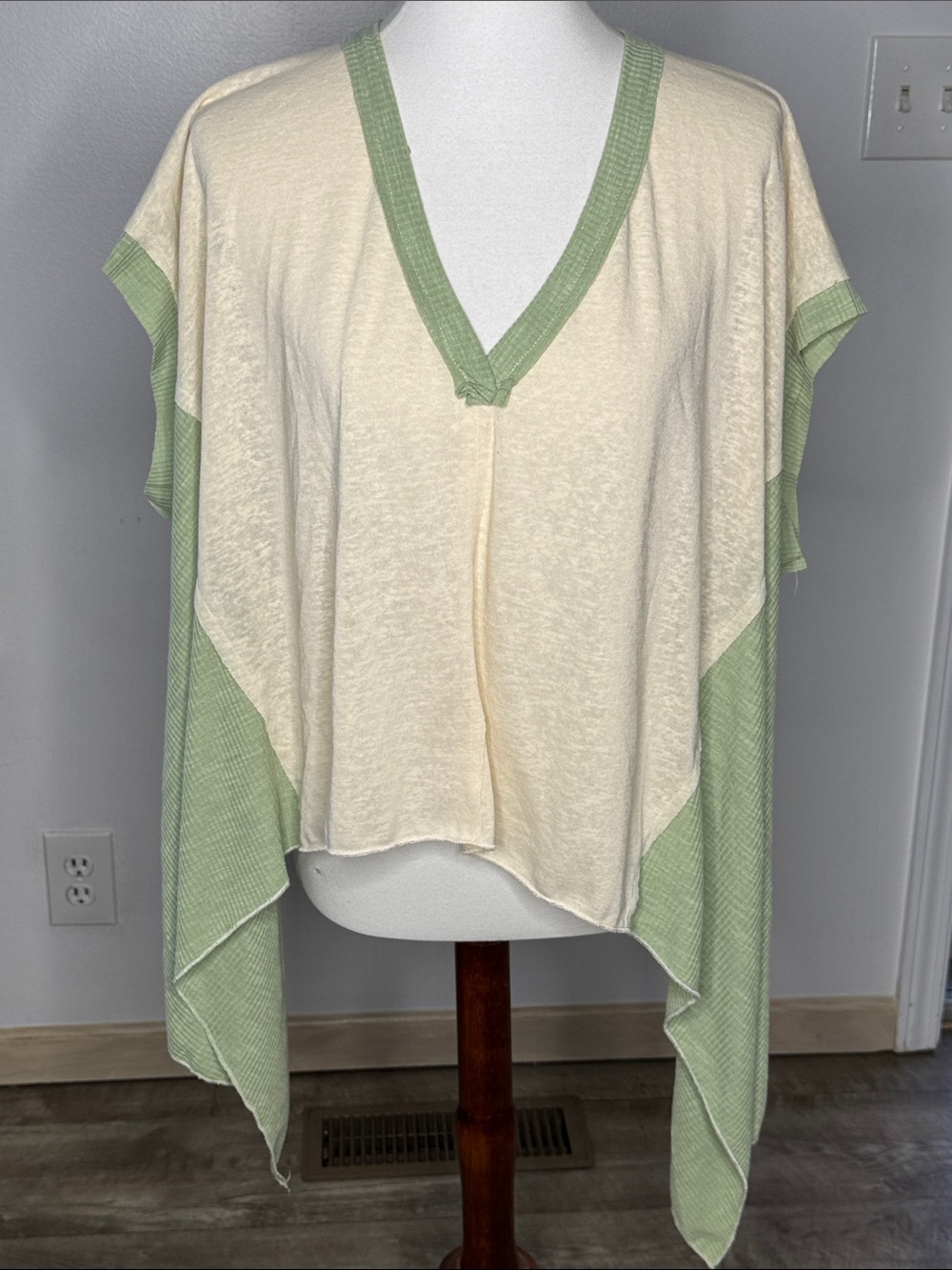 Cream and Light Green V-Neck Draped Women’s Sweater
